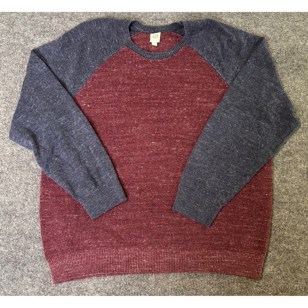 GAP Mens Burgundy Blue Speckled Raglan Crewneck Sweater Size XL